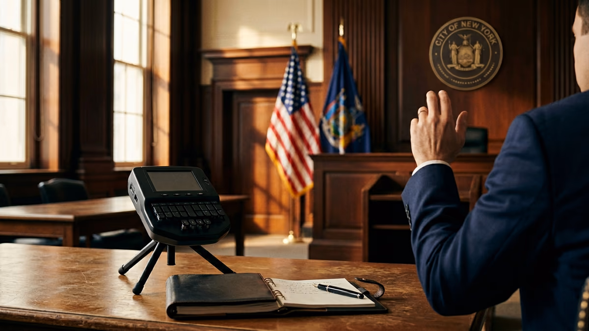 Witness raising a right hand to take an oath across a mahogany conference table in a New York municipal hearing room, with a stenographer machine, American and New York State flags, and a City of New York seal behind — illustrating a General Municipal Law §50-h statutory hearing