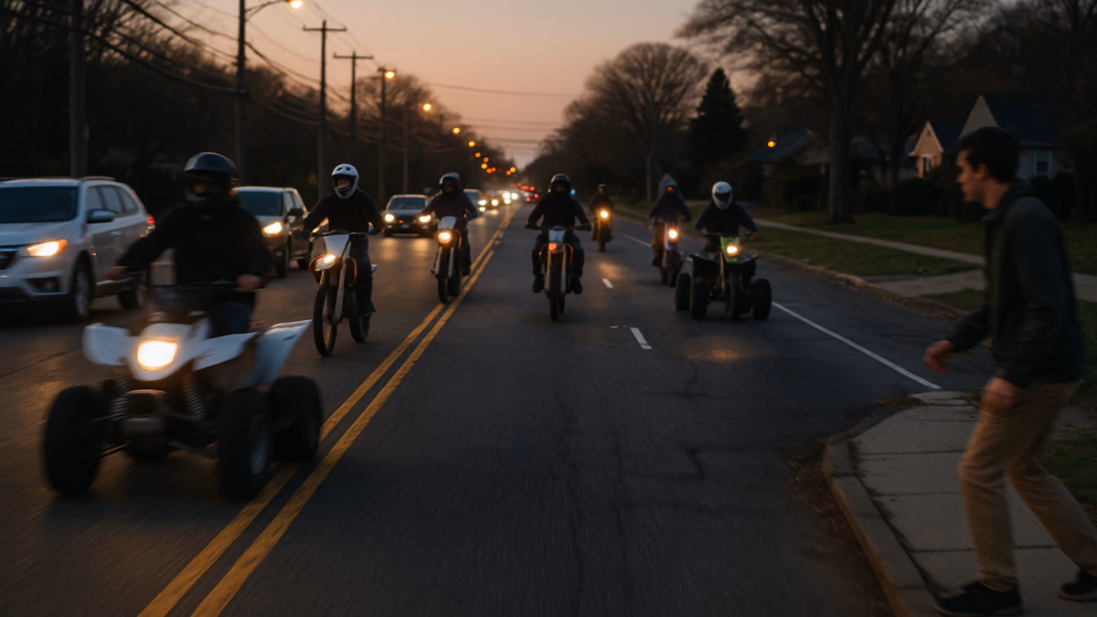 ATVs and dirt bikes riding past stopped cars on a suburban Long Island road at dusk