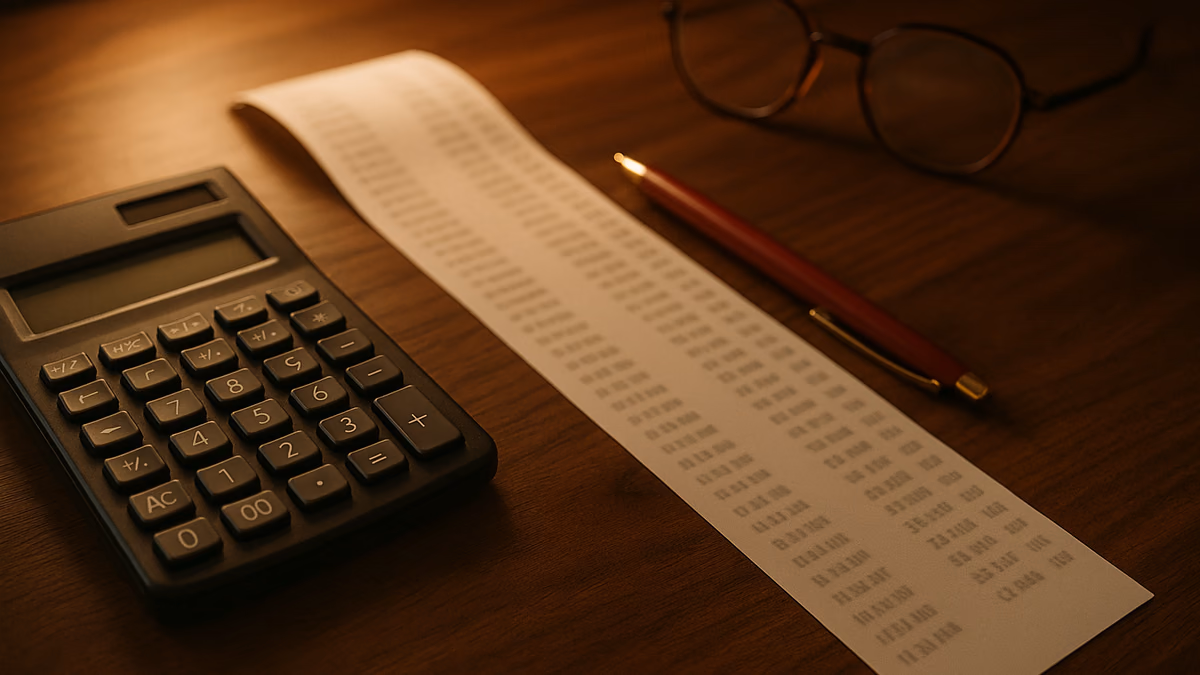 Calculator, mortgage payment ledger printout, red pen and reading glasses on a walnut desk