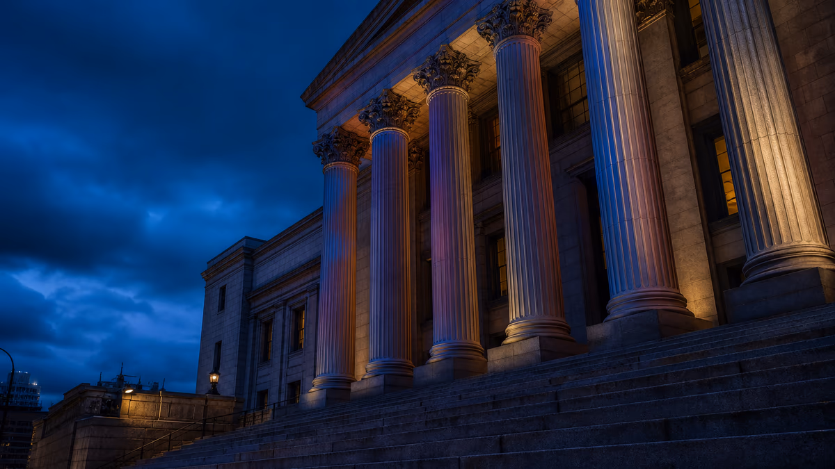 New York courthouse exterior at dusk representing the Child Victims Act and institutional accountability