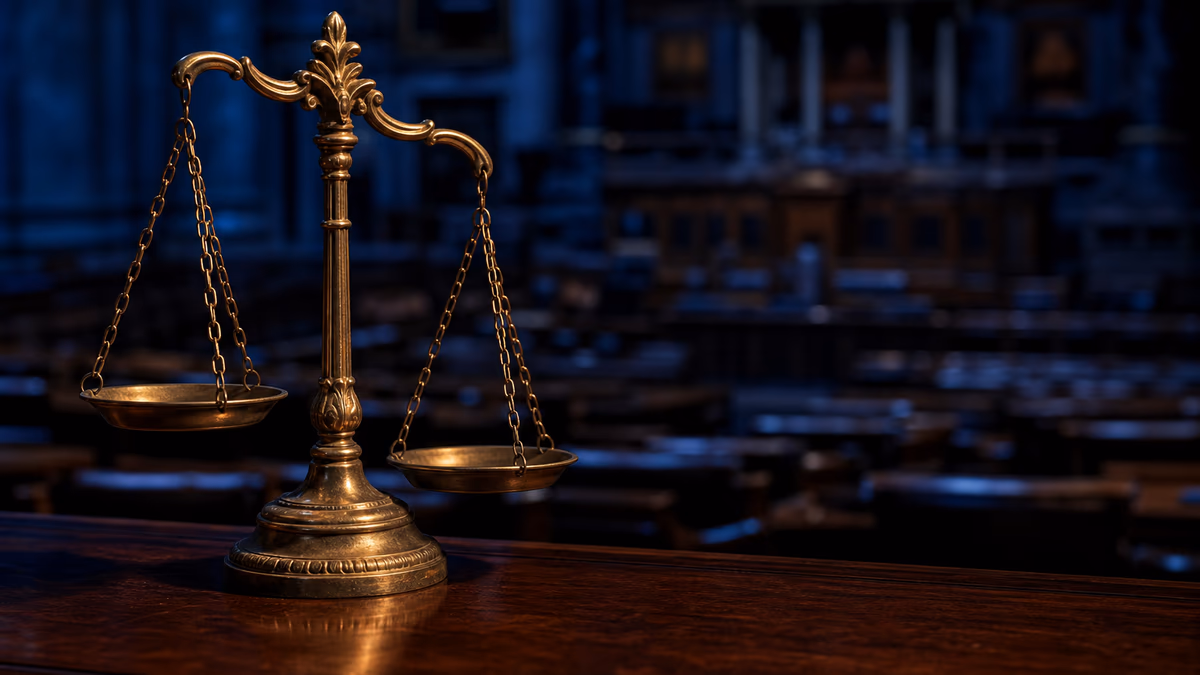 Scales of justice on a legislative chamber backdrop representing New York's proposed 50% comparative-negligence bar