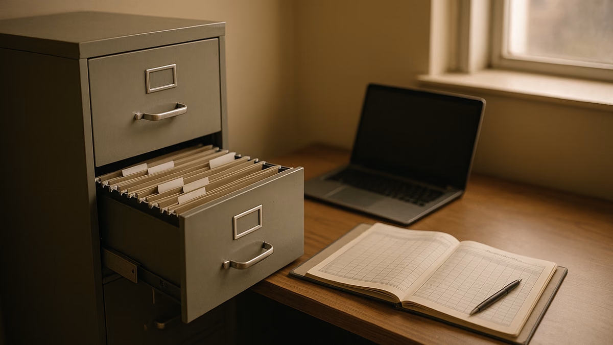 A gray metal filing cabinet with one drawer open to hanging folders beside a desk with a laptop and an open payroll ledger in window light.