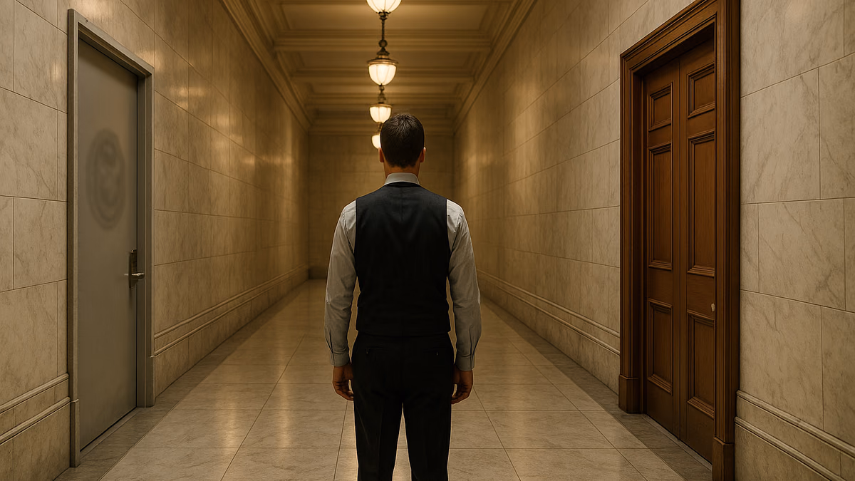 A person seen from behind pausing in a marble government corridor between a plain federal office door and a tall wood-paneled courtroom door