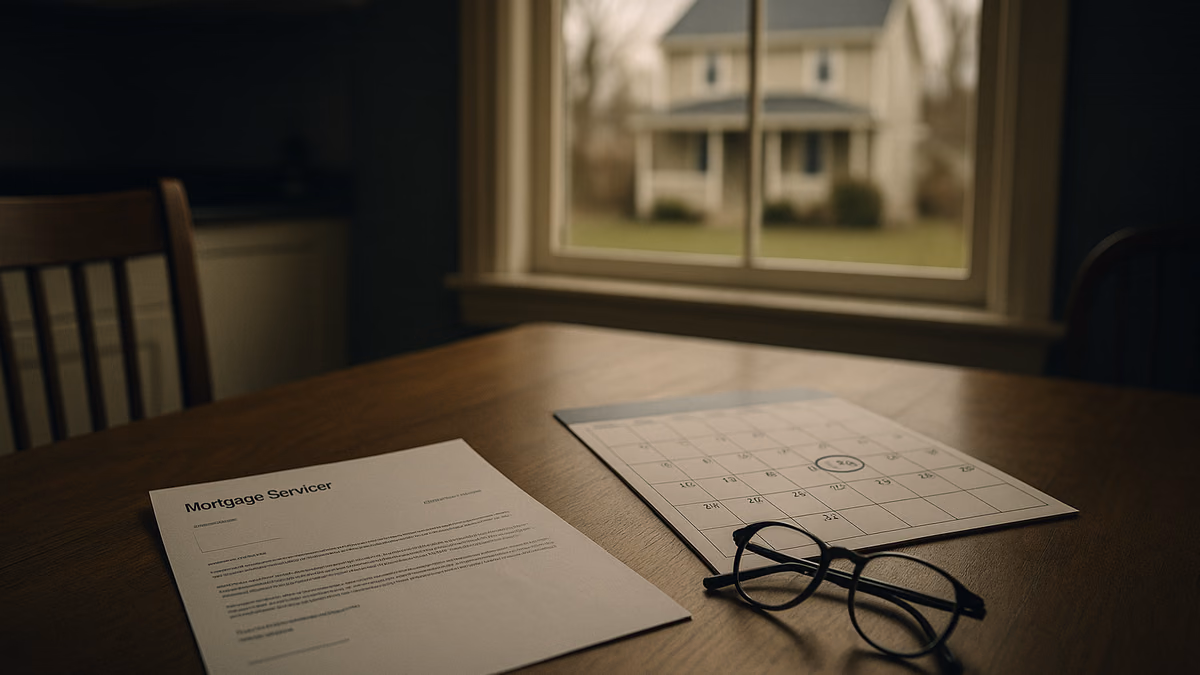 A homeowner's kitchen table with a mortgage servicer's letter, a calendar and a Long Island house visible through the window