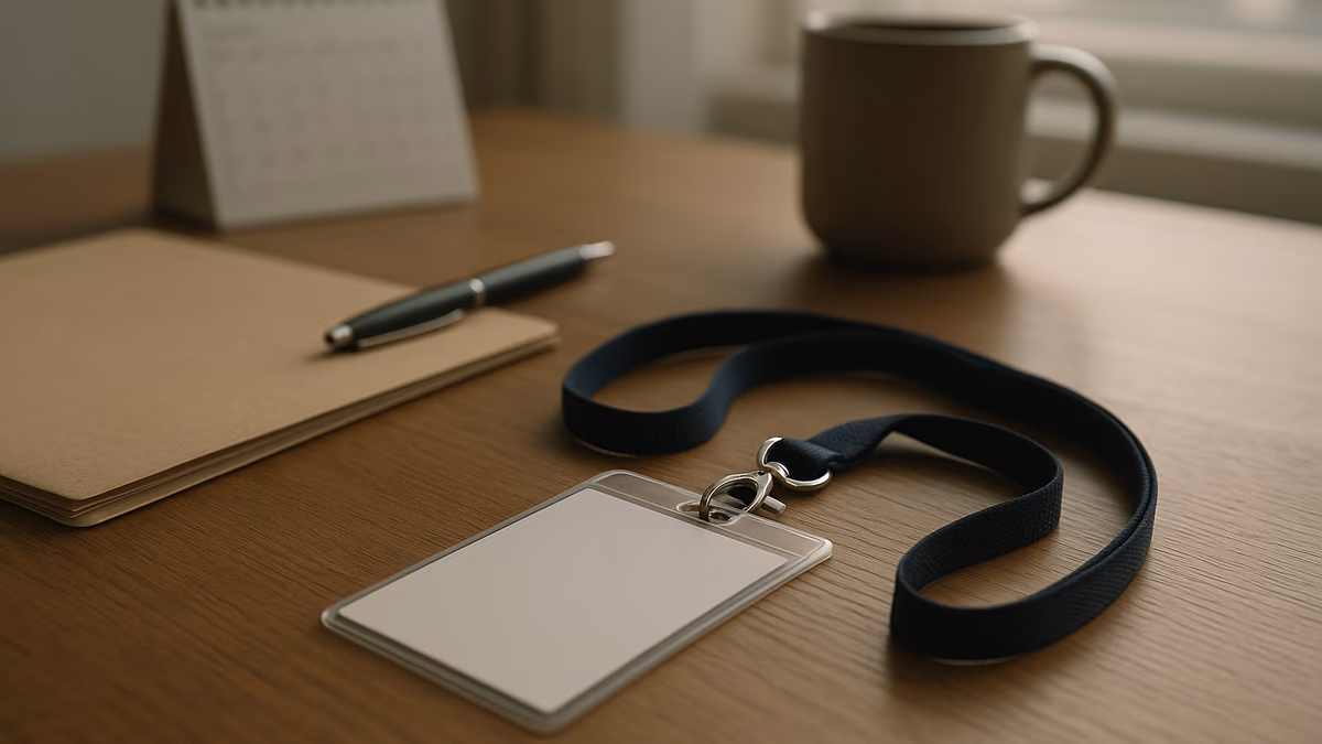A blank identification badge on a navy lanyard left on a wooden office desk beside a closed folder, a pen, a desk calendar and a coffee mug.