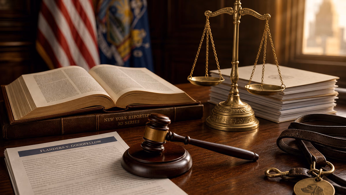 Open New York Reporter case book with Flanders v. Goodfellow slip opinion, wooden gavel, brass scale of justice, US and NY flags — Court of Appeals gravitas representing the 2025 ruling that reshaped New York dog-bite law