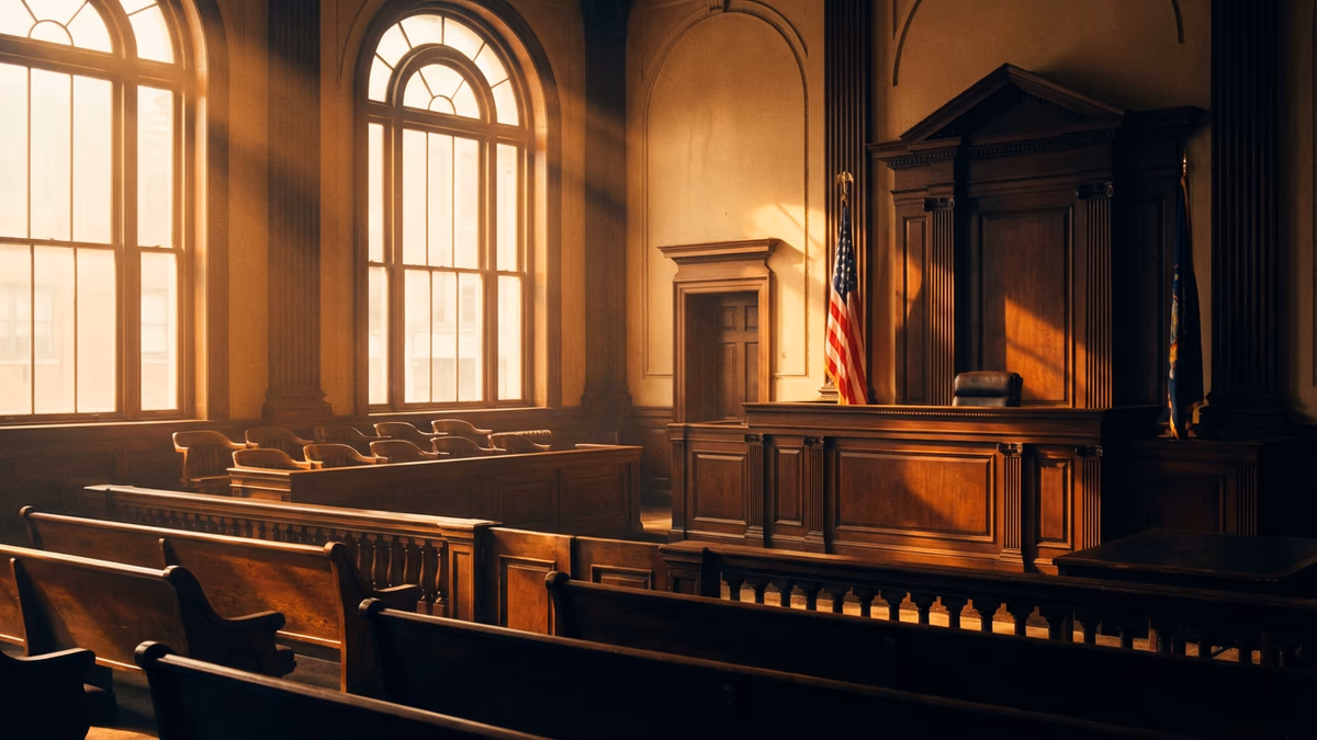 New York courtroom interior with judge bench and American flag