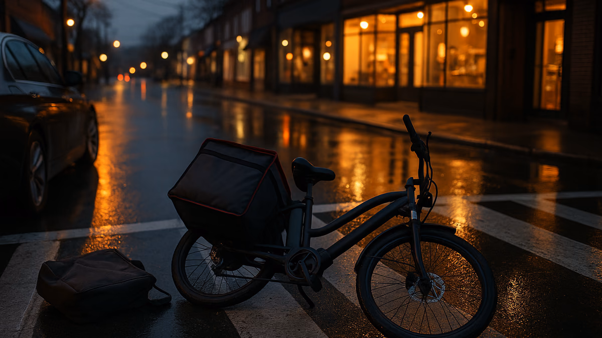 A delivery e-bike with an insulated bag lying on its side at a crosswalk on a wet Long Island main street at dusk, storefront lights reflecting on the pavement