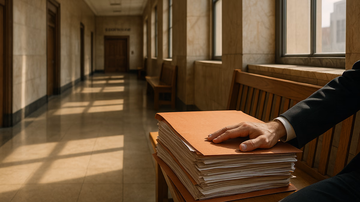 The marble hallway outside a Supreme Court courtroom in Mineola, an attorney's hand resting on a stack of redweld case files on a wooden bench
