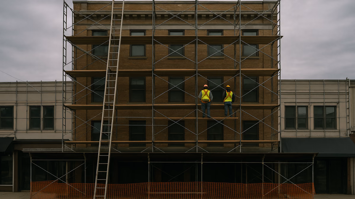 Steel scaffolding with plank platforms and a tall extension ladder on a brick building under renovation, two workers in hard hats and safety vests on the second level