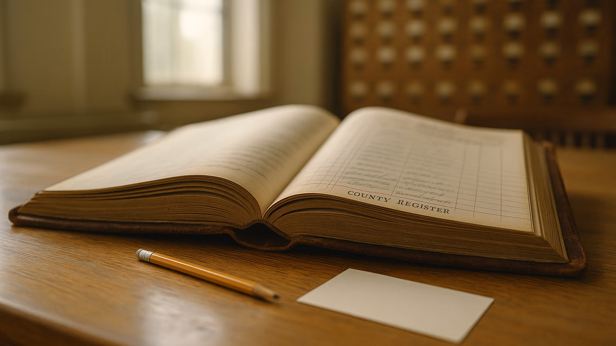 A bound ledger of handwritten nineteenth-century New York vital records open on a reading-room table, a pencil and index card beside it, morning light from a tall window.