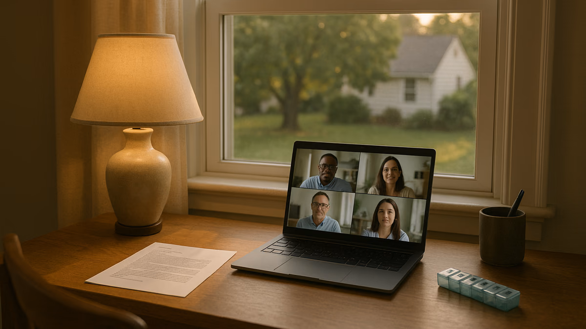 Home office desk by a window with a laptop open to a video meeting and a printed HR letter