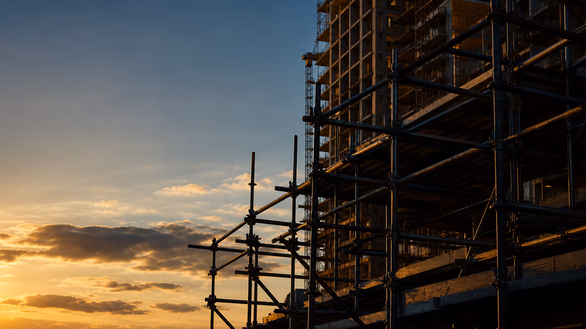 Scaffolding rising against a Long Island sky at golden hour, representing New York Labor Law §240 construction safety