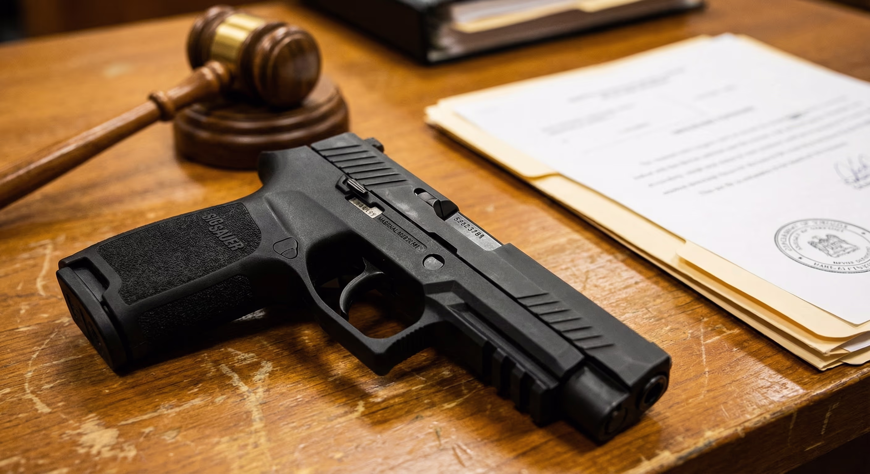 Sig Sauer P320 pistol on courtroom evidence table with legal documents and gavel