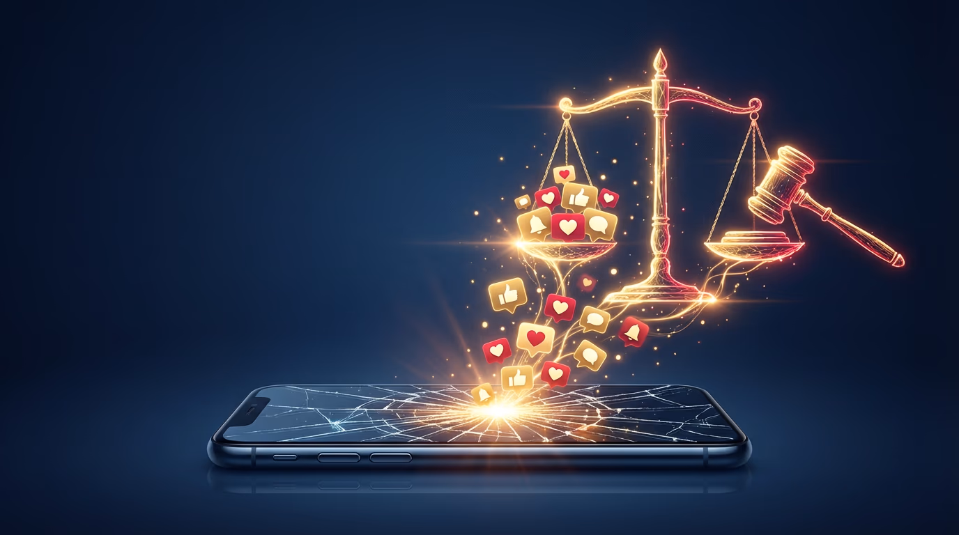Social media addiction lawsuits in New York — cracked smartphone with scales of justice