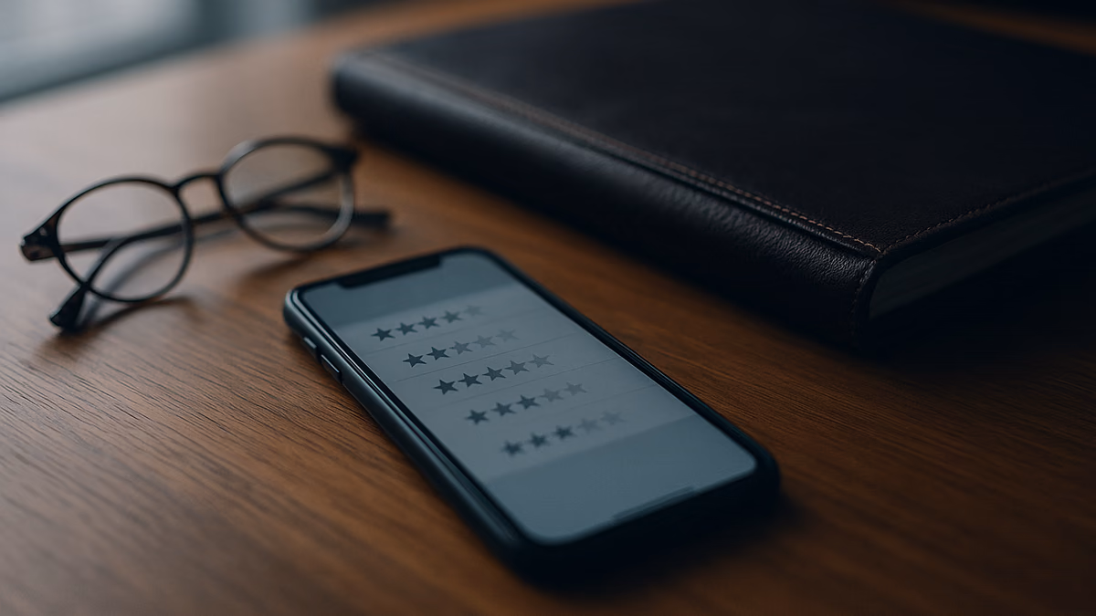 A smartphone face up on a wooden desk showing rows of star ratings, beside reading glasses and a closed leather portfolio