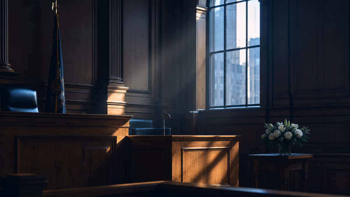 New York courthouse interior at dusk with a quiet memorial arrangement representing the proposed Grieving Families Act