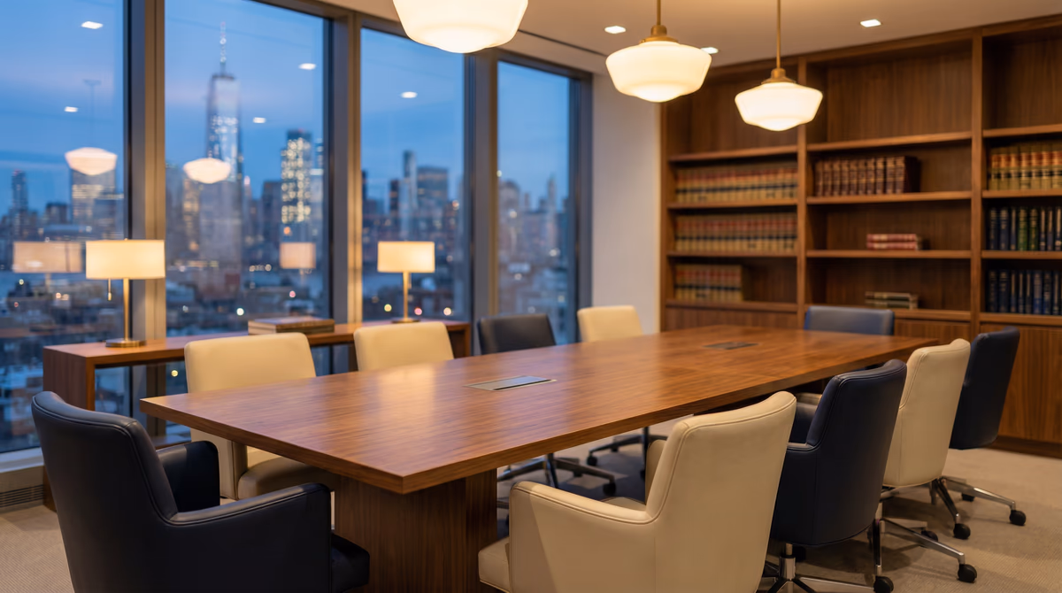 Law Office of Jason Tenenbaum, P.C. office — professional conference room overlooking New York City
